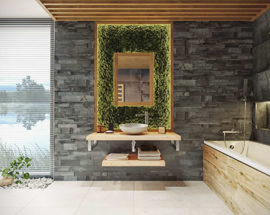 přírodní koupelna, kámen, dřevo, příroda, moderní koupelna, vana, umyvadlo na desku