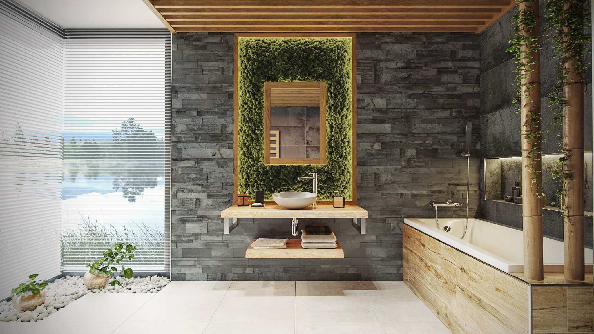přírodní koupelna, kámen, dřevo, příroda, moderní koupelna, vana, umyvadlo na desku