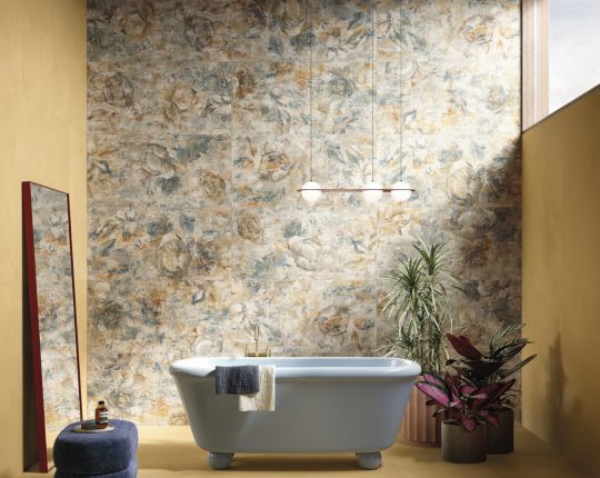 žlutá, květinové vzory, okrová, vana, volně stojící vana, moderní koupelna