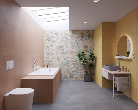 barevná koupelna, koupelna, žlutá, okrová, květinový motiv, vana, umyvadlo, umyvadlo na desku