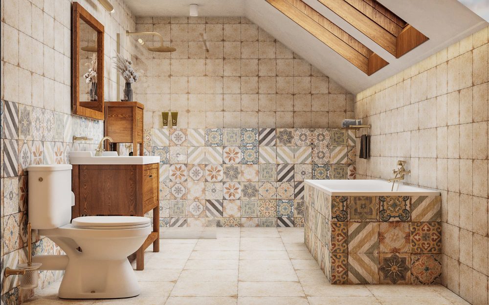 SIKO Podkrovní rustikální koupelna, obezděná vana, stojící wc, nábytek z masivu, retro obklady a dlažba se vzorem patchwork, sprchový kout walk in