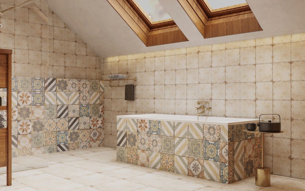 SIKO Podkrovní rustikální koupelna, volně stojící obezděná vana, retro béžové obklady a dlažba s patchworkem
