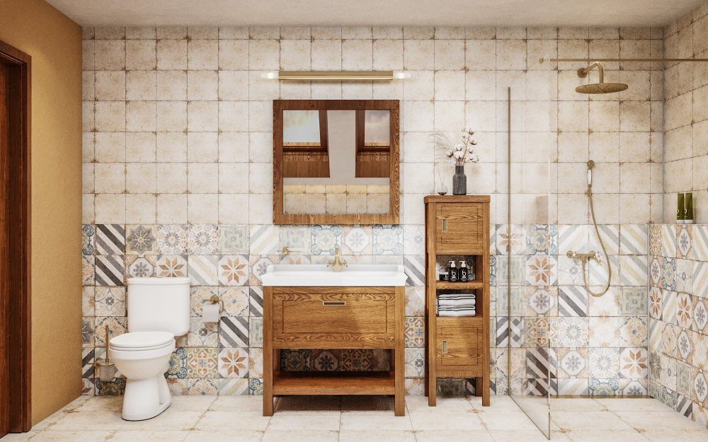 SIKO Retro rustikální koupelna se sprchovým koutem, retro obklady a dlažbou patchwork, volně stojící wc a masivní dřevěný nábytek