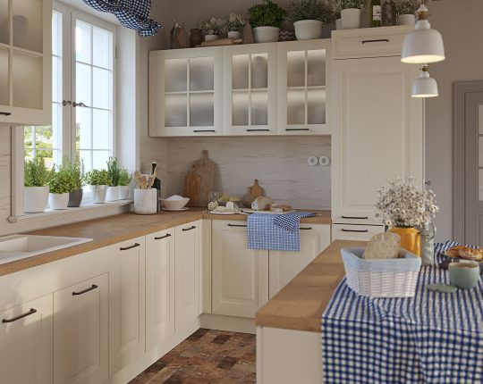 SIKO Venkovská bílá rustikální kuchyně, prosvětlené prosklené horní skříňky, vestavné spotřebiče, keramický bílý dřez, modré doplňky