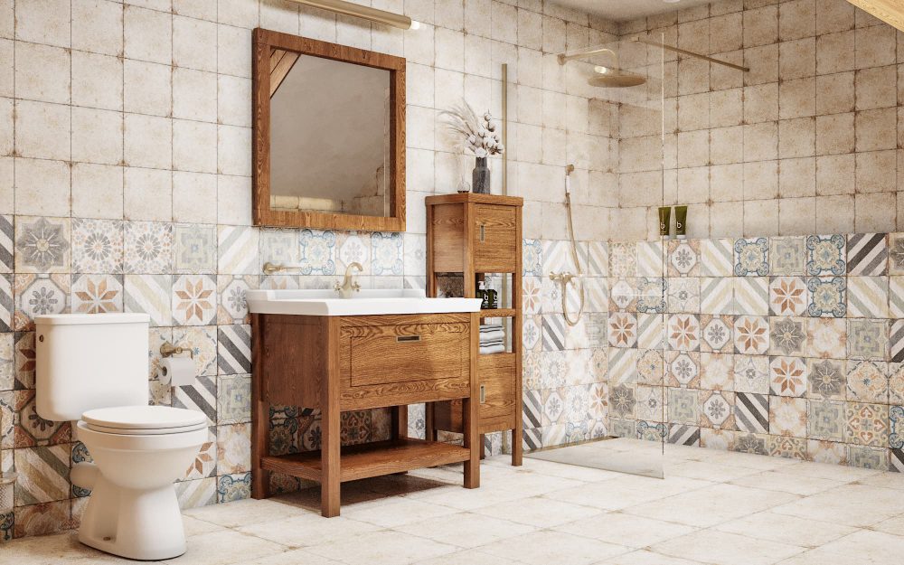 SIKO Venkovská rustikální koupelna s retro obklady a dlažbou, masivním nábytkem, sprchovým koutem a stojícím wc