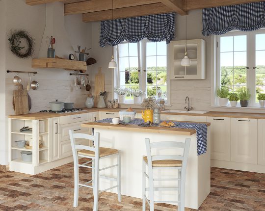 SIKO Vidiecka biela rustikálna kuchyňa, tehlová podlaha, drevená pracovná doska, priznané trámy, modré doplnky.