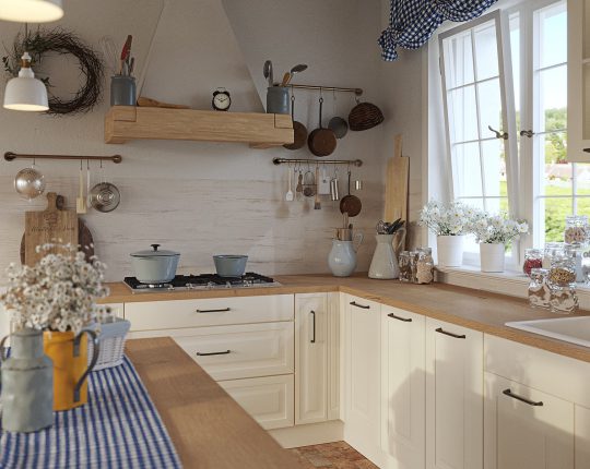 SIKO Venkovská rustikální bílá kuchyně s moderními spotřebiči v retro designu, stylové dekorace ve venkovském stylu, dřevěná pracovní deska