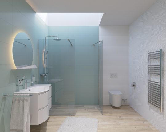 Elegantní zaoblený nábytek Mam Salgar v modře laděné koupelně.