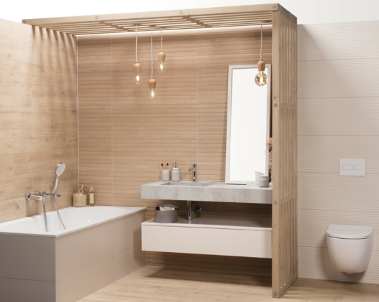 Dřevěná koupelna je charakteristickým představitelem japandi stylu.