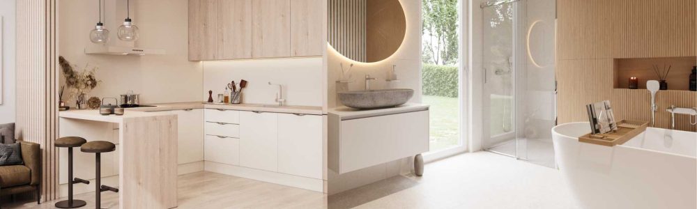 SIKO koupelna a kuchyně v japandi stylu s lamelami a dřevodekorem