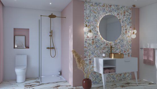 Obklady Dom Kipling vytvoří romantickou koupelnu s růžovým nádechem