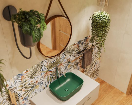 Kde jinde než v Jungle koupelně najde své místo zelené umyvadlo.