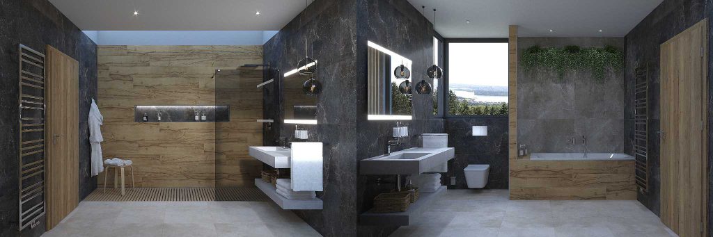 Luxusní koupelna v přírodním stylu má dostatek místa jak pro prostorný sprchový kout, tak pro pohodlnou vanu.