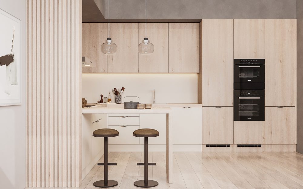 SIKO Moderní dřevěná kuchyně tón v tónu v japandi stylu s lamelami a chytrými spotřebiči.