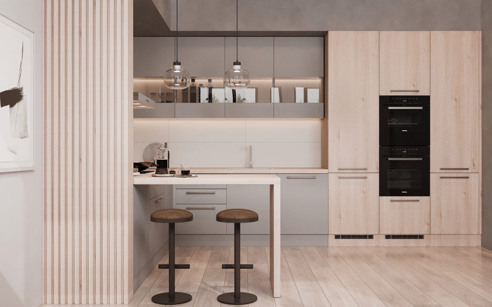 SIKO Designová kuchyně v japandi stylu v dřevěném designu má šedé skříňky a prosklená dvířka.