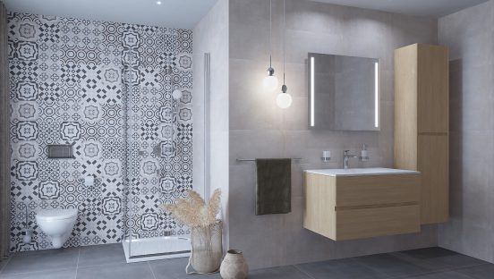 Koupelna Flow - kombinace patchworku a designu betonu působí nadčasově.
