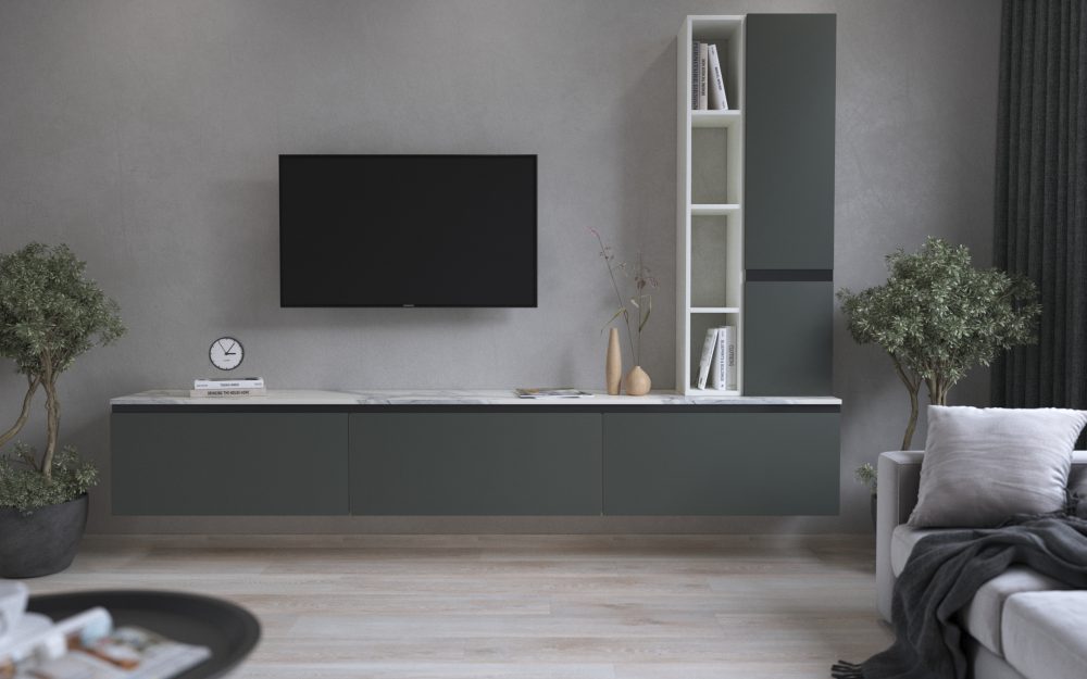 SIKO Obývák s nábytkem v antracitové barvě se světlou laminátovou nebo vinylovou podlahou.