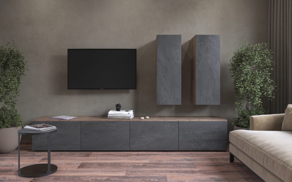 SIKO Obývák s tmavým nábytkema dřevěnou laminátovou nebo vinylovou podlahou.