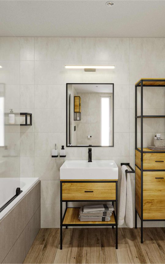 SIKO Černé kovové prvky na dřevěném nábytku v koupelně s vanou.