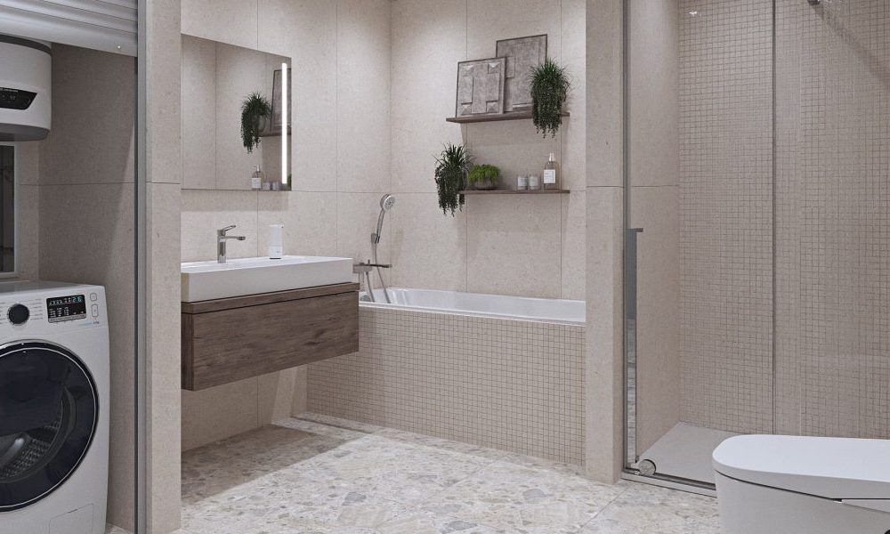 Moderní koupelna s vanou i sprchovým koutem chytře vyřešená pro úsporu vody i energie.