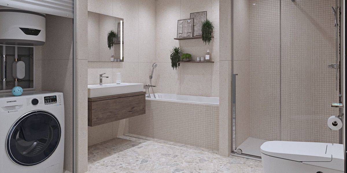 Moderní koupelna s vanou i sprchovým koutem chytře vyřešená pro úsporu vody i energie.