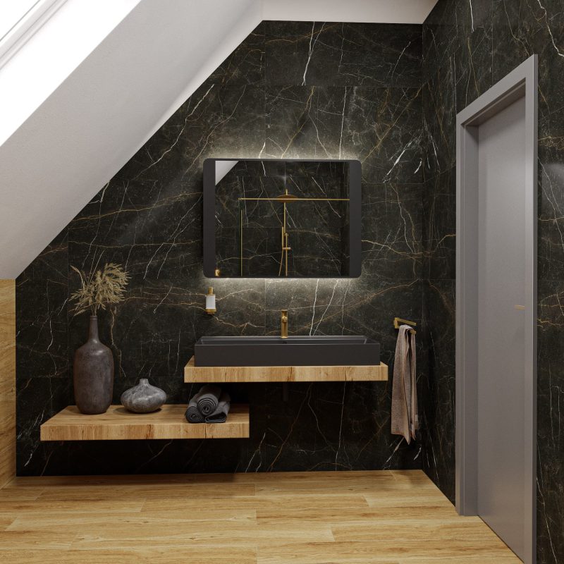 SIKO Design tmavého mramoru na stěně v koupelně s dřevěnou masivní deskou pod černé matné umyvadlo vytvoří luxusní dojem.