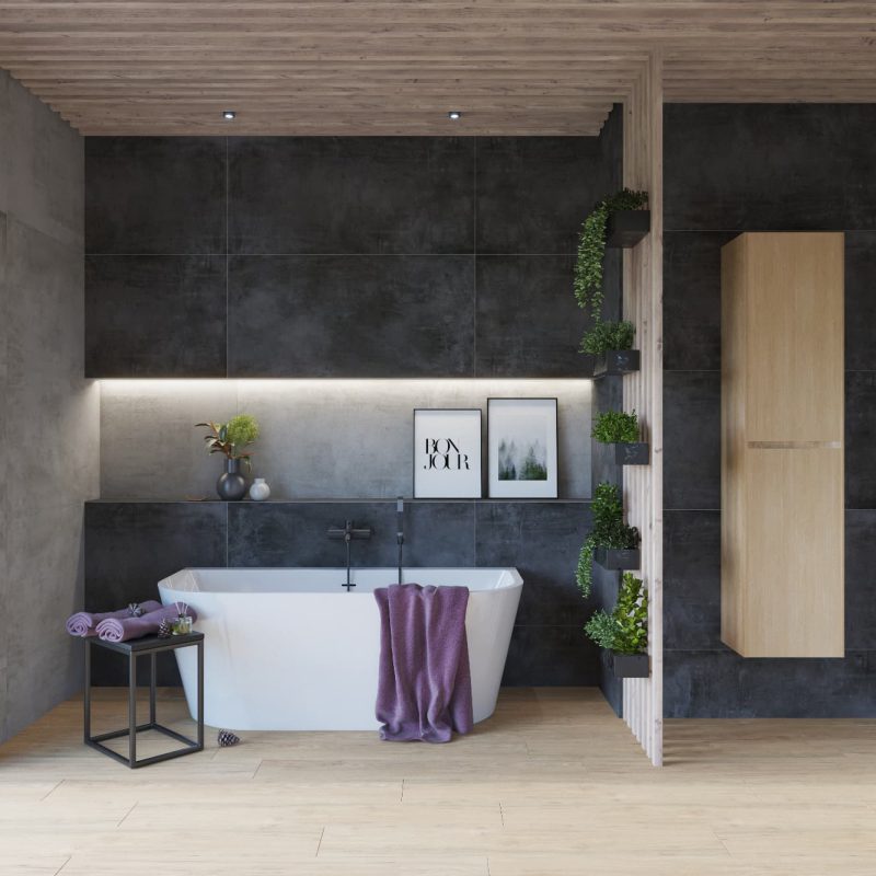 SIKO Dřevěné lamely elegantně oddělí prostor v koupelně s volně stojící vanou.