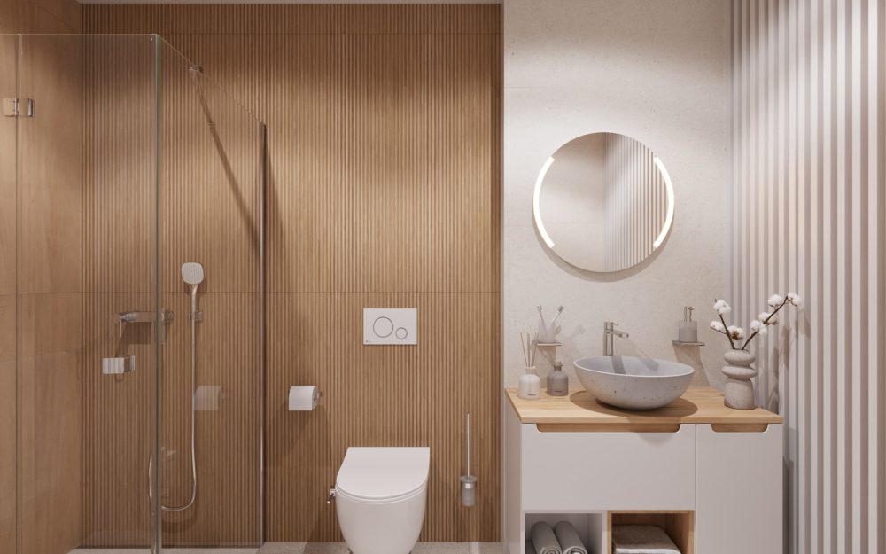 SIKO Koupelna v japandi stylu s dřevěnými lamelami, sprchovým koutem a bílými obklady.