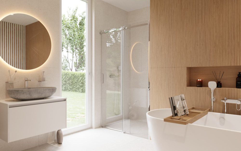 SIKO Koupelna v japandi stylu s volně stojící vanou, velkým kulatým zrcadlem bílým nábytkem.