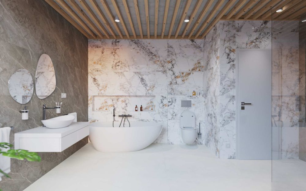 SIKO Moderná kúpeľňa s obkladom v dizajne mramoru vytvorí luxusný dojem.