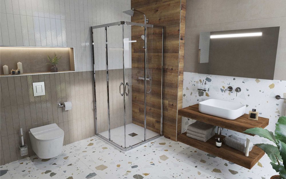 SIKO Moderná kúpeľňa so sprchovacím kútom, nikou a dlažbou v dizajne terrazzo.
