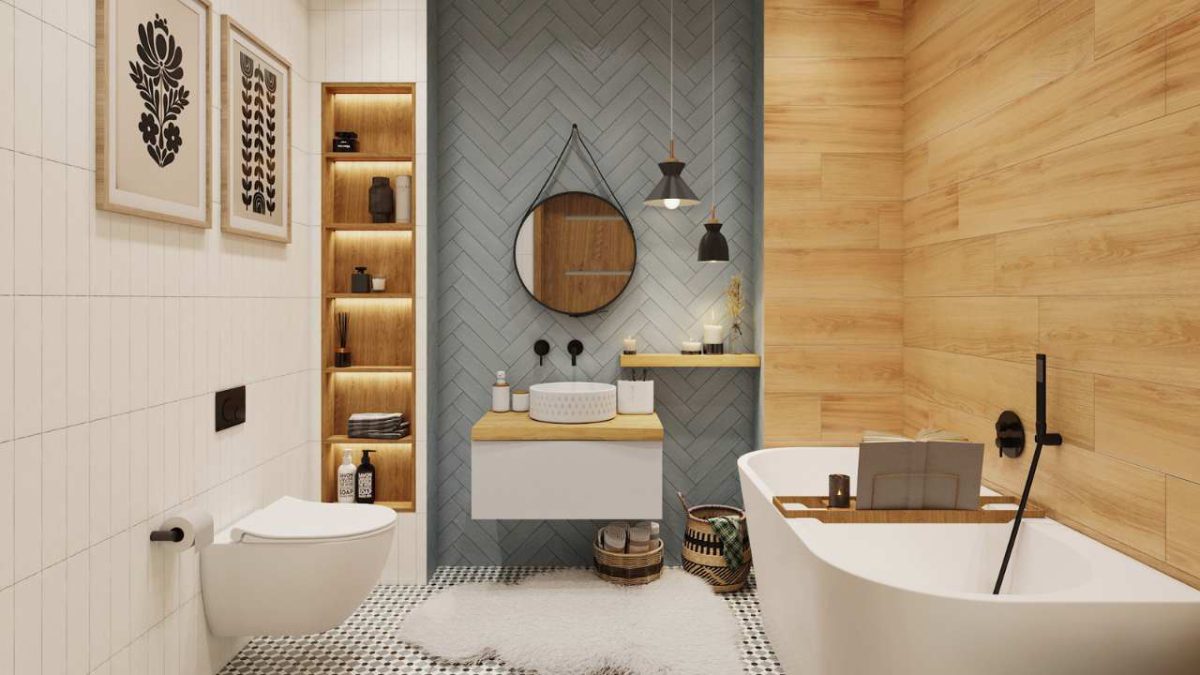 SIKO Moderní koupelna s vanou, obkadem v dřevodekoru a v šedé barvě - cover.