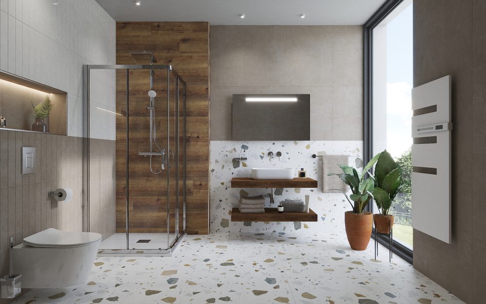 SIKO Obklad a dlažba v designu terrazzo v moderní koupelně se sprchovým koutem.