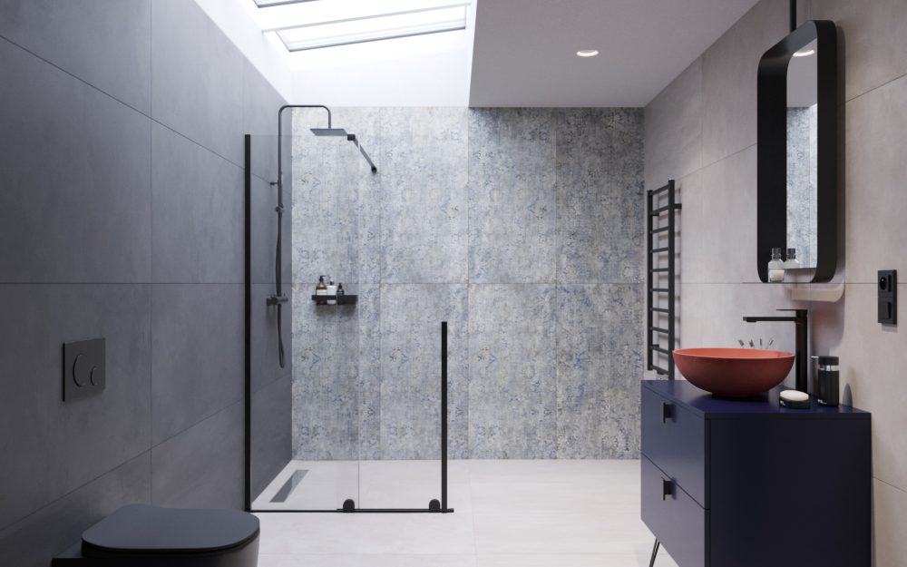 SIKO Tapetový vzor obkladov vytvorí modernú kúpeľňu. Sprchovací kút so sprchovacím setom zaistí dokonalý relax.