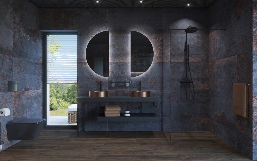 SIKO Tmavé barvy a metalické odstíny vévodí mjoderní koupelně se sprchovým koutem a dvojumyvadlem.