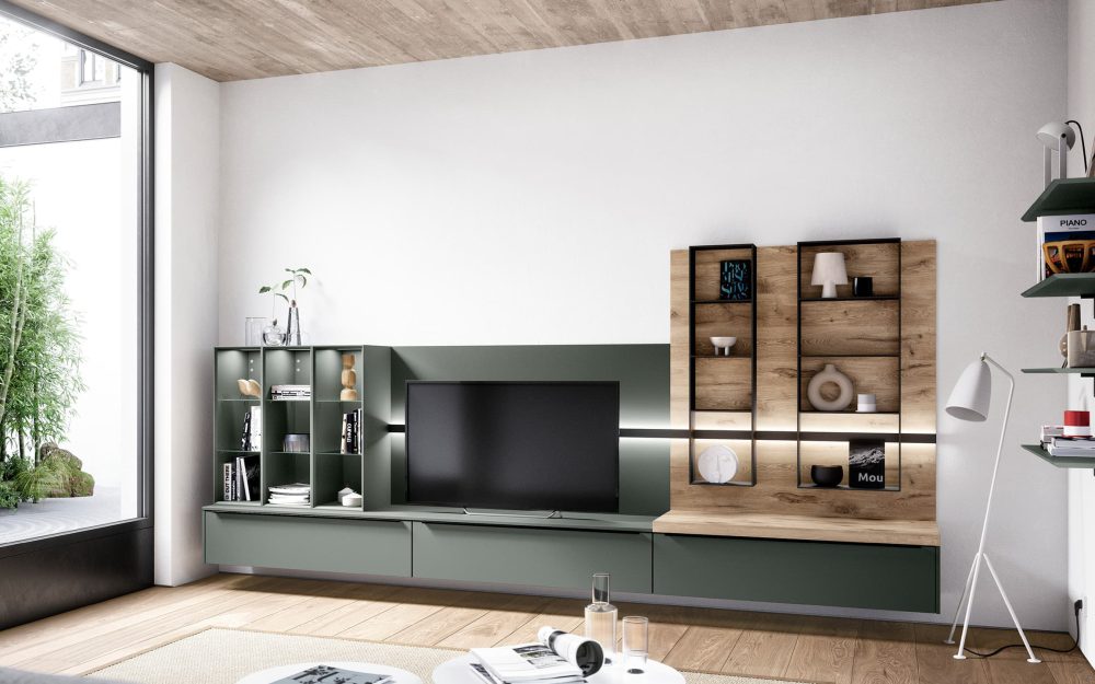 SIKO Zorganizujte svoju obývačku a zamerajte sa na úložné priestory. Obývacia stena s dreveným dekorom, kovovými prvkami v modernom štýle.