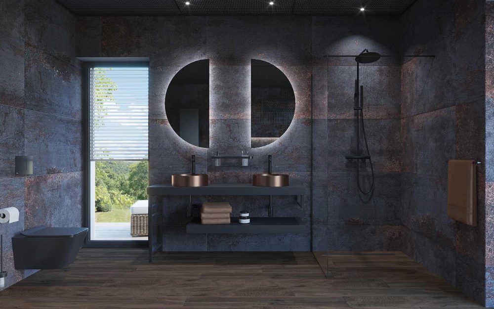 SIKO Čierne metalické obklady v modernej kúpeľni.