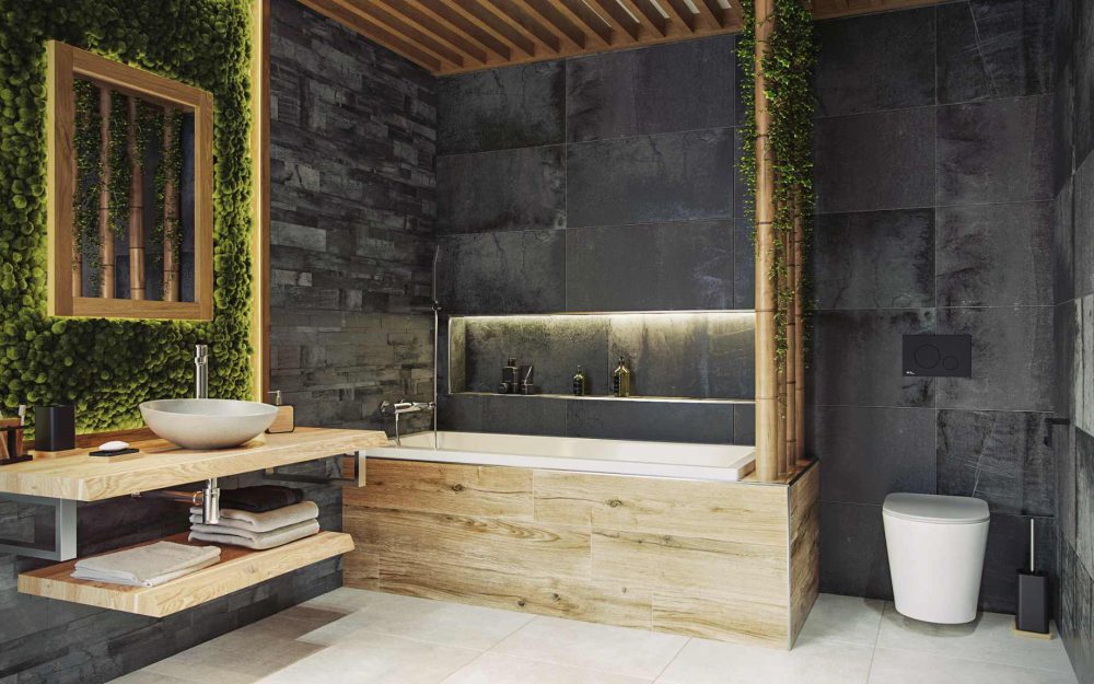 SIKO V přírodní koupelně se prolínají černé nebo antracitové obklady a dlažba s přírodními prvky.