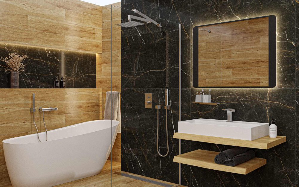 SIKO Skandinávský styl koupelny v černém provedení v kombinaci mramor a dřevo s vanou i sprchovým koutem.