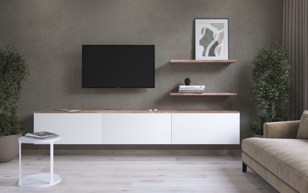 SIKO Bílý obývákový nábytek s hladkým povrchem a otevřenými policemi na zdi se šedou stěrkou.