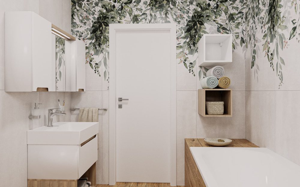 SIKO Malá koupelna, obklad s květinovým motivem, dřevěná dlažba a bílý koupelnový nábytek do malé koupelny.
