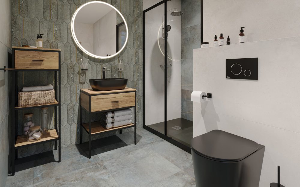 SIKO Moderní koupelna s obkaldem a dlažbou v designu beton cement, moderní černé baterie, černé umyvadlo a závěsné wc, regálový nábytek.