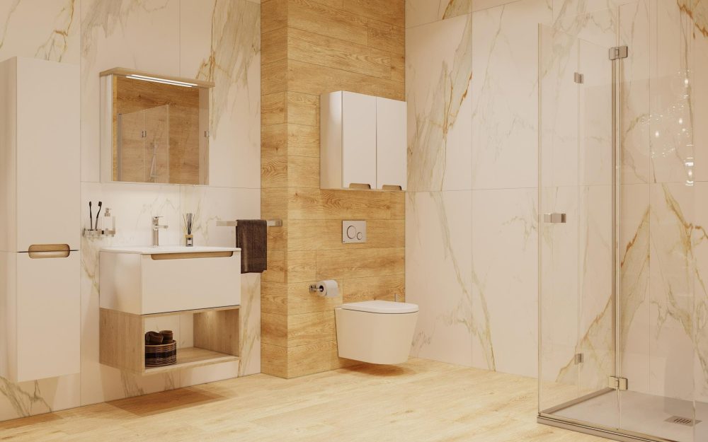 SIKO Moderní koupelna s obkladem a dlažbou v designu dřevo a světlý mramor se sprchovým koutem. Světlá skříňka pod umyvadlo i koupelnová skříňka