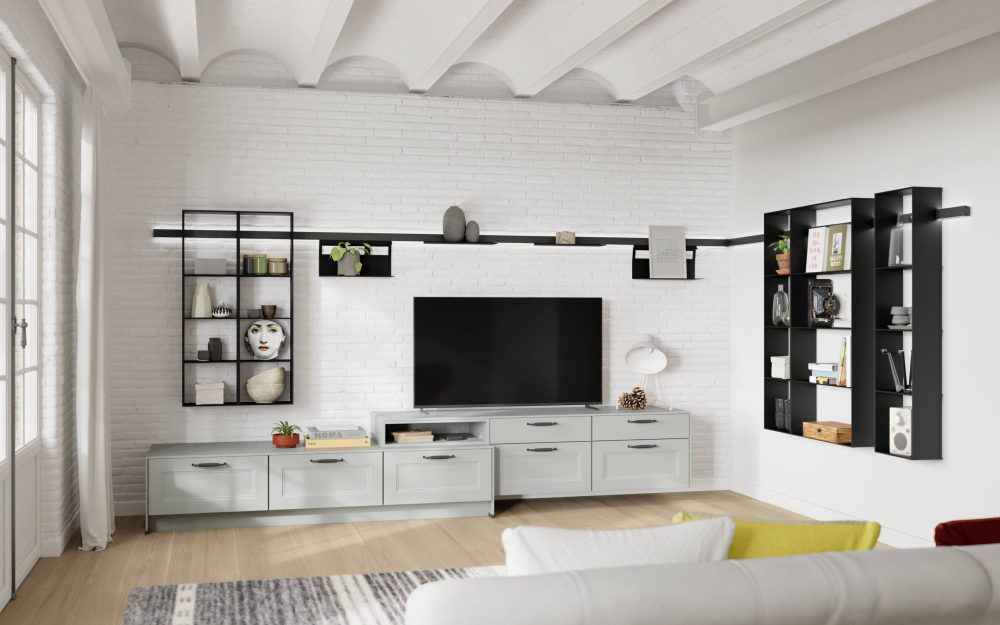 SIKO Moderní nábytek do obýváku v šedé barvě dostatkem úložného prostoru díky černým regálům.