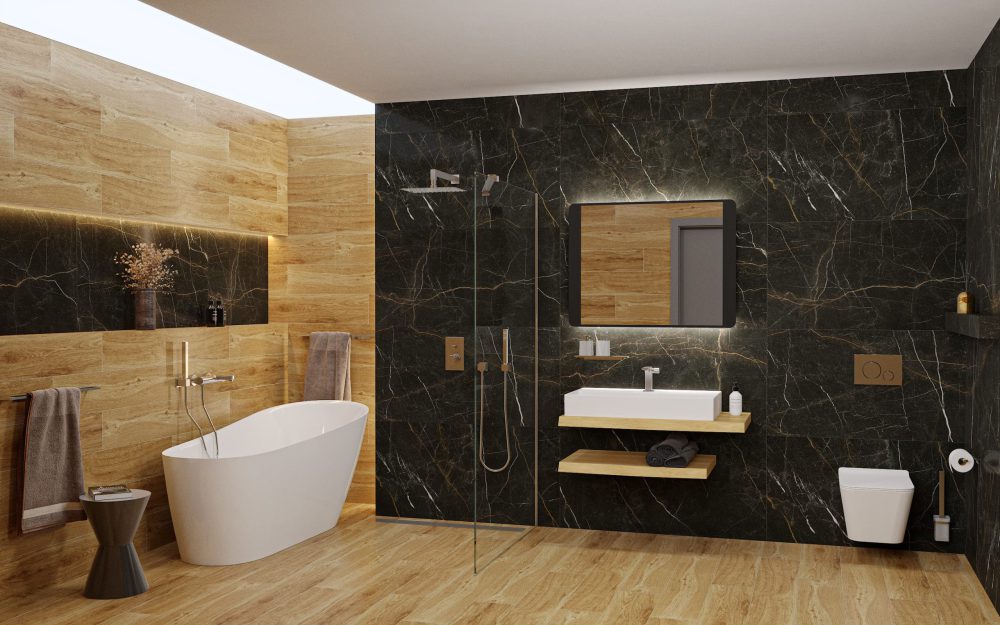 SIKO Moderní velká koupelna s dřevěným obkladem a dlažbou a obkladem v designu černého mramoru s volně stojící vanou a sprchovým walk in koutem.