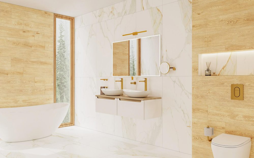 SIKO Moderní velká koupelna s obkladem a dlažbou v designu dřeva a bílý mramor, zlaté stojánkové umyvadlové baterie a doplňky.