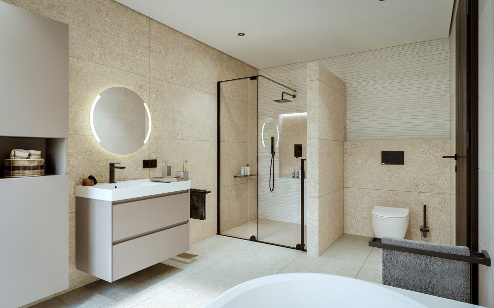 SIKO Moderní velká koupelna s posuvnou sprchovou zástěnou, prostorným koupelnovým nábytkem, černými bateriemi.