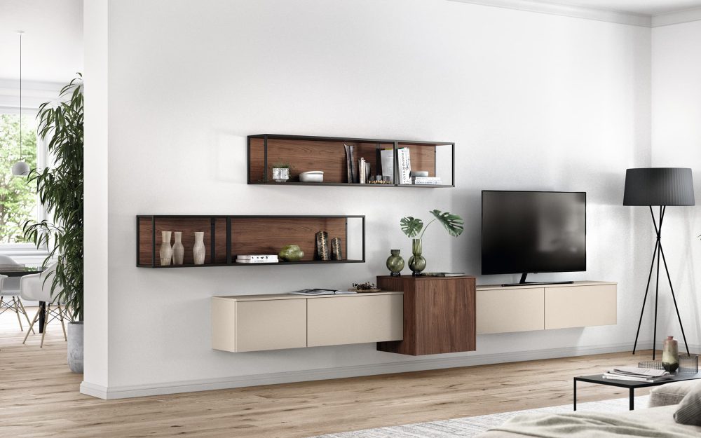 SIKO Obývákový nábytek v krémovém odstínu v kombinaci s tmavým dřevem a otevřenými skříňkami a policemi.