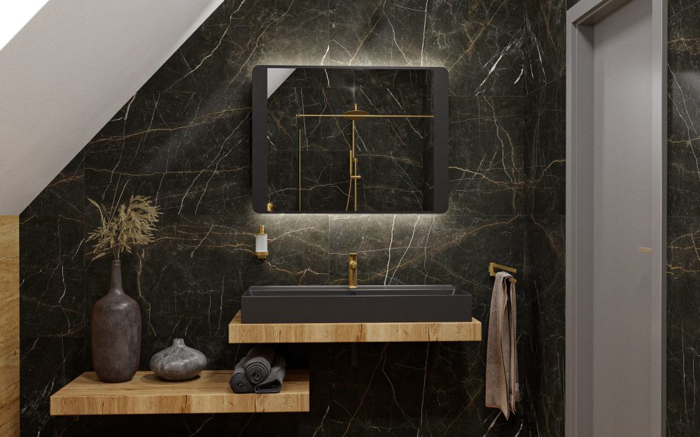 SIKO Podkrovní koupelna, dřevěná dlažba, obklad černý mramor, černé umyvadlo na desku, dřevěná masivní deska pod umyvadlo, podsvícené zrcadlo.