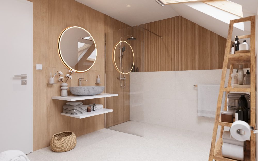 SIKO Podkrovní moderní koupelna ve stylu japandi, dřevěné a bílé obklady a dlažba, sprchový kout walk in, kulaté zrcadlo a dřevěný regál.